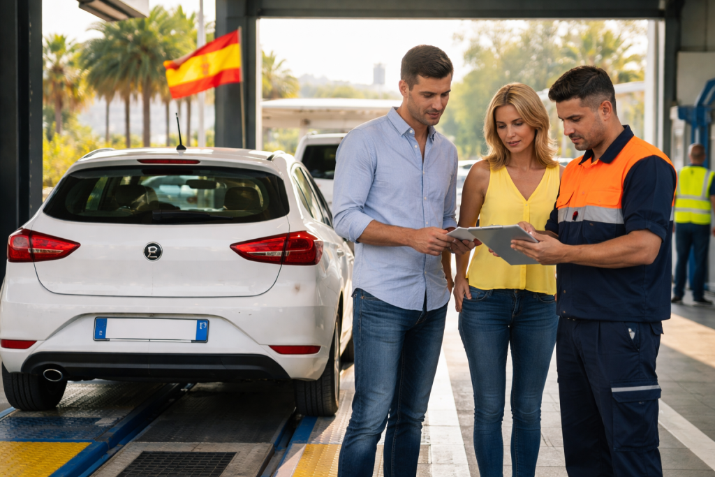 Couple français effectuant le contrôle technique ITV pour immatriculer une voiture en Espagne. Changer sa voiture française en Espagne : contrôle et immatriculation