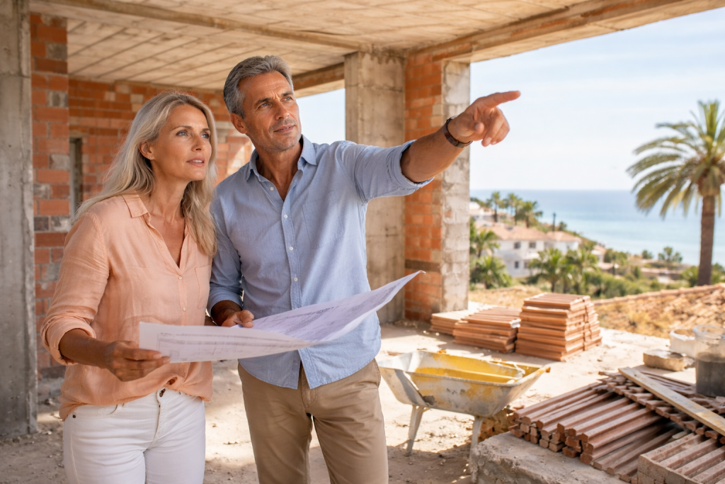 Couple français vérifiant les plans d’une maison en construction en Espagne avant achat. Acheter un bien immobilier en Espagne