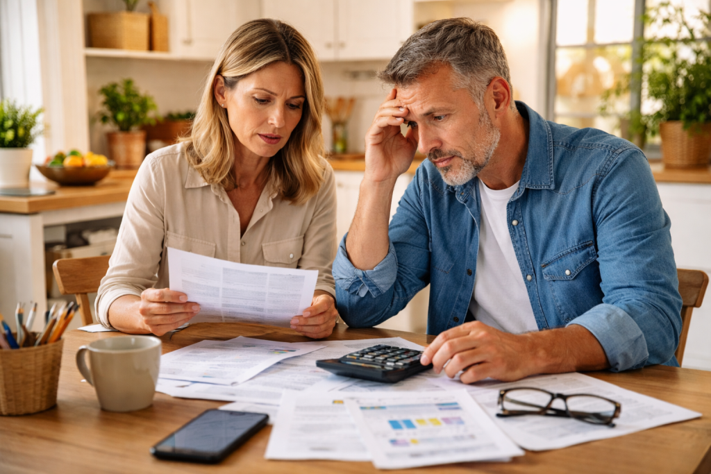 Couple assis à la table de leur cuisine en train de vérifier leurs factures d’électricité, gaz et internet, entouré de documents et d’une calculatrice. Abonnement en Espagne.