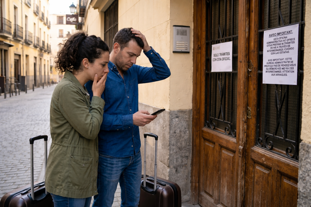 Couple expatrié préoccupé devant un bureau administratif fermé en Espagne. Exemple d'arnaques en Espagne à la location : logement trop parfait et demande de paiement rapide.