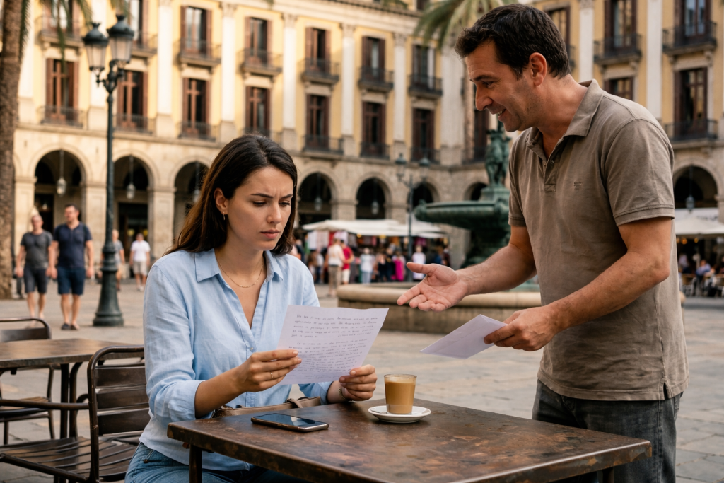 Discussion sérieuse entre un expatrié et un interlocuteur autour de documents dans un café en Espagne