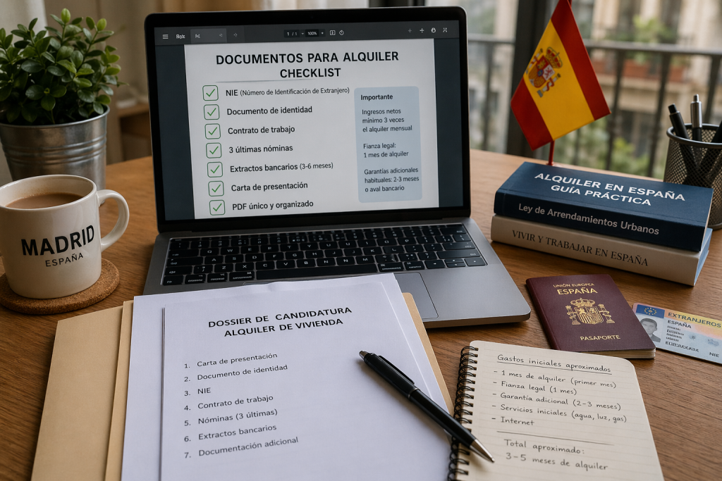 Ordinateur affichant un dossier de location en Espagne en cours de préparation et de complétion.