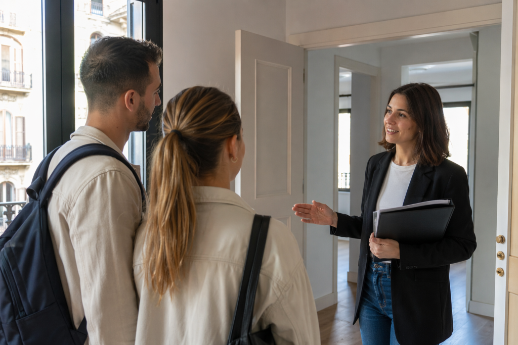 Groupe de personnes en rendez-vous avec une conseillère pour préparer un dossier de location en Espagne.