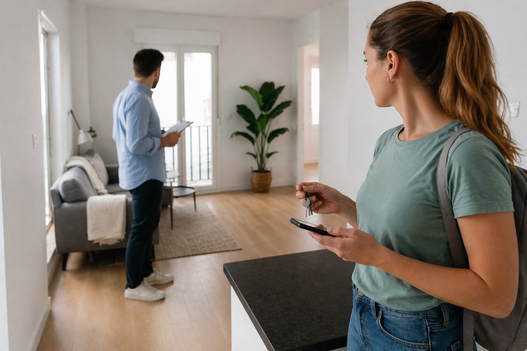 Homme et femme expatriés dans un appartement en Espagne consultant des documents sur le droit du travail et leur contrat