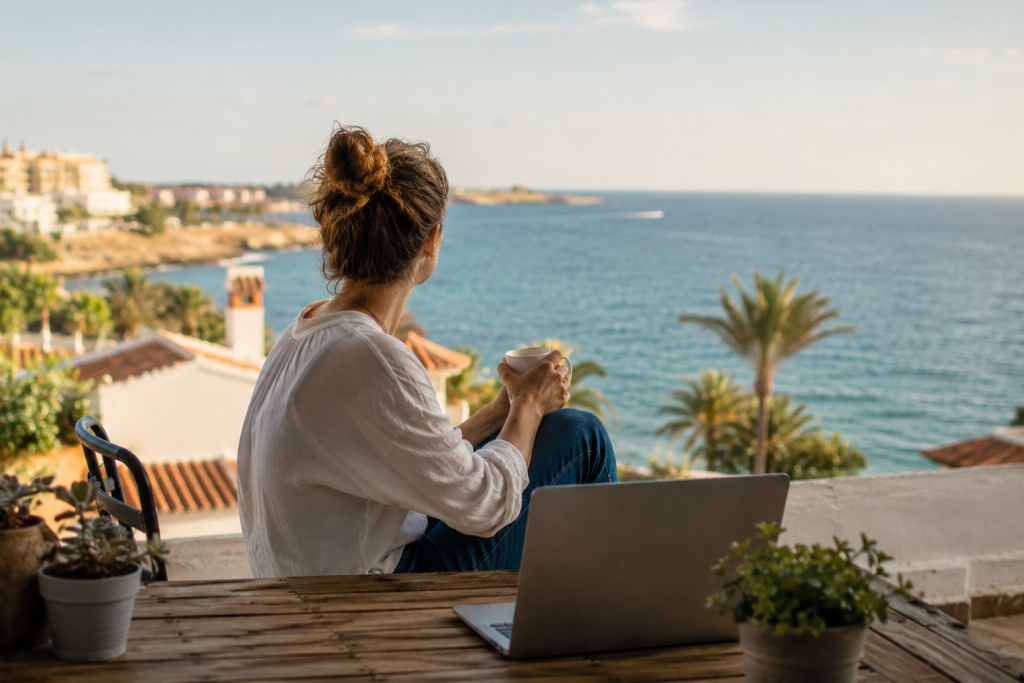 Personne calculant les dépenses pour s’installer en Espagne sur un ordinateur face à la mer