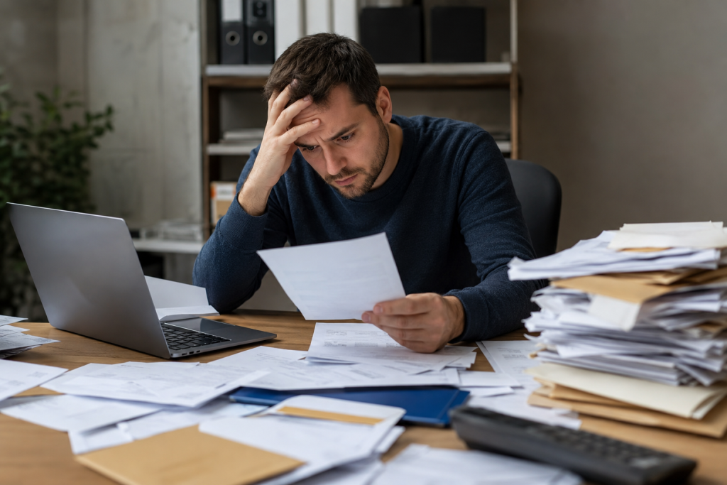 Femme stressée lisant des documents liés aux notifications administratives en Espagne.
