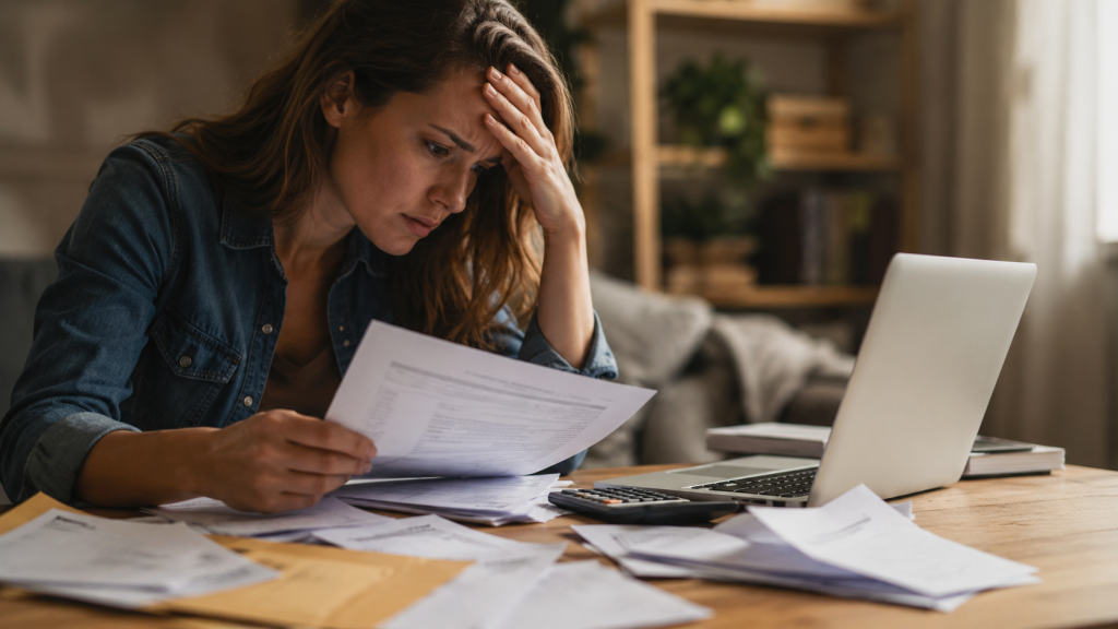 Le guide pour éviter les erreurs administratives en Espagne 2 Femme stressée consultant des notifications administratives en Espagne sur des documents administratifs devant un ordinateur dans un intérieur domestique.