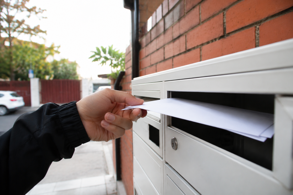 Le guide pour éviter les erreurs administratives en Espagne 3 Main déposant des notifications administratives en Espagne dans une boîte aux lettres avec un document administratif papier.