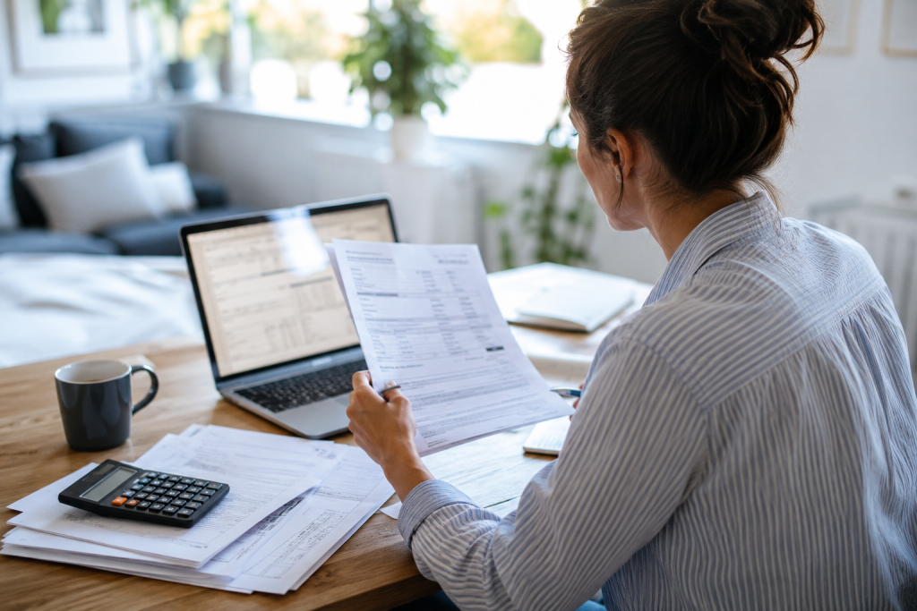 Le guide pour éviter les erreurs administratives en Espagne 1 Femme consultant des notifications administratives en Espagne sur des documents administratifs chez elle.