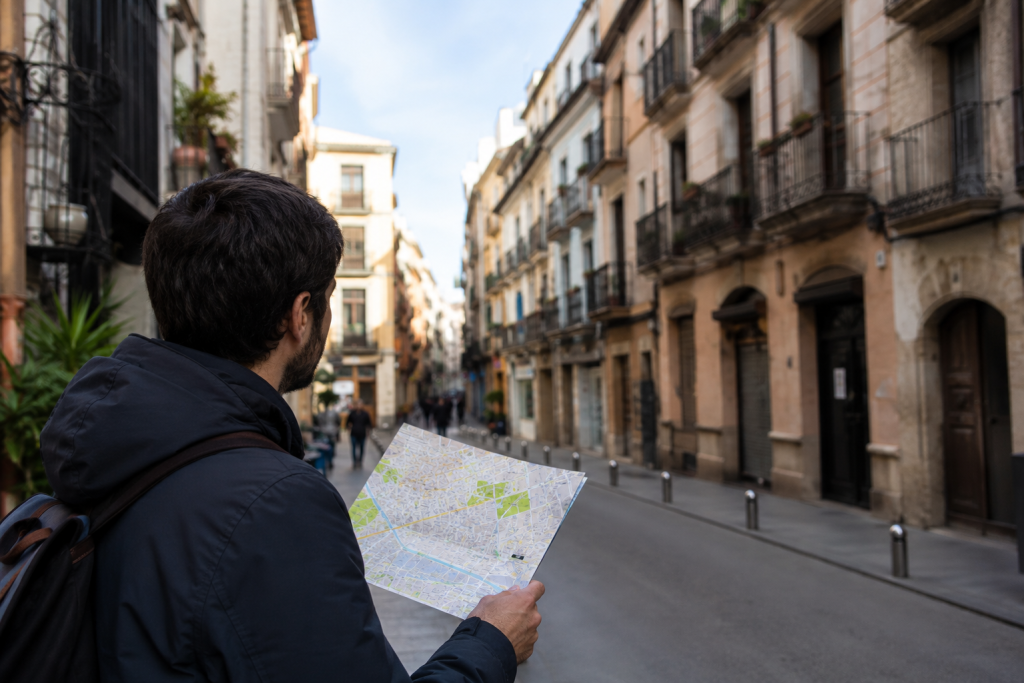 Le guide pour éviter les erreurs administratives en Espagne 4 Homme dans la rue consultant une carte pour trouver où déposer des documents liés aux notifications administratives en Espagne.