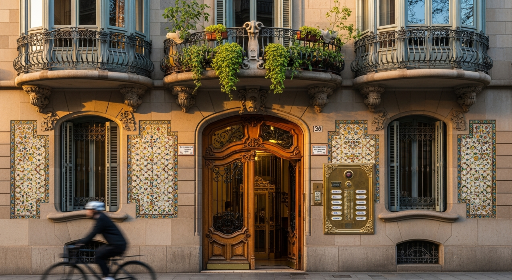 Propriétaire en Espagne devant un immeuble moderniste à Barcelone