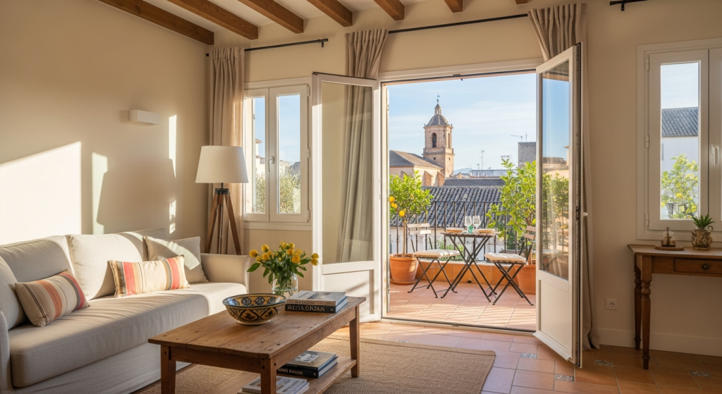 Intérieur d'appartement rénové donnant sur une terrasse pour propriétaire en Espagne