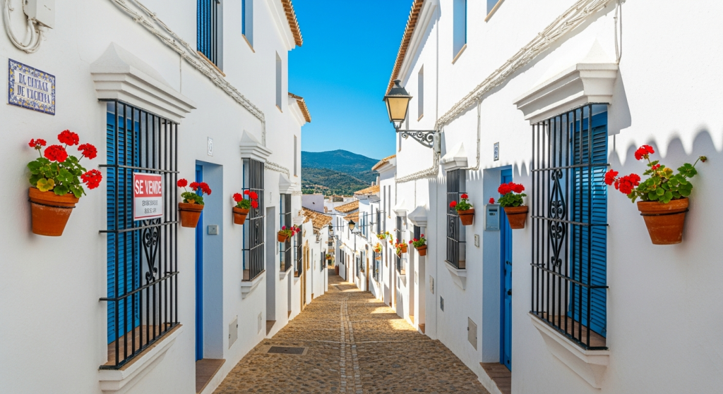 Ruelle d'un village blanc andalou avec maison à vendre pour propriétaire en Espagne