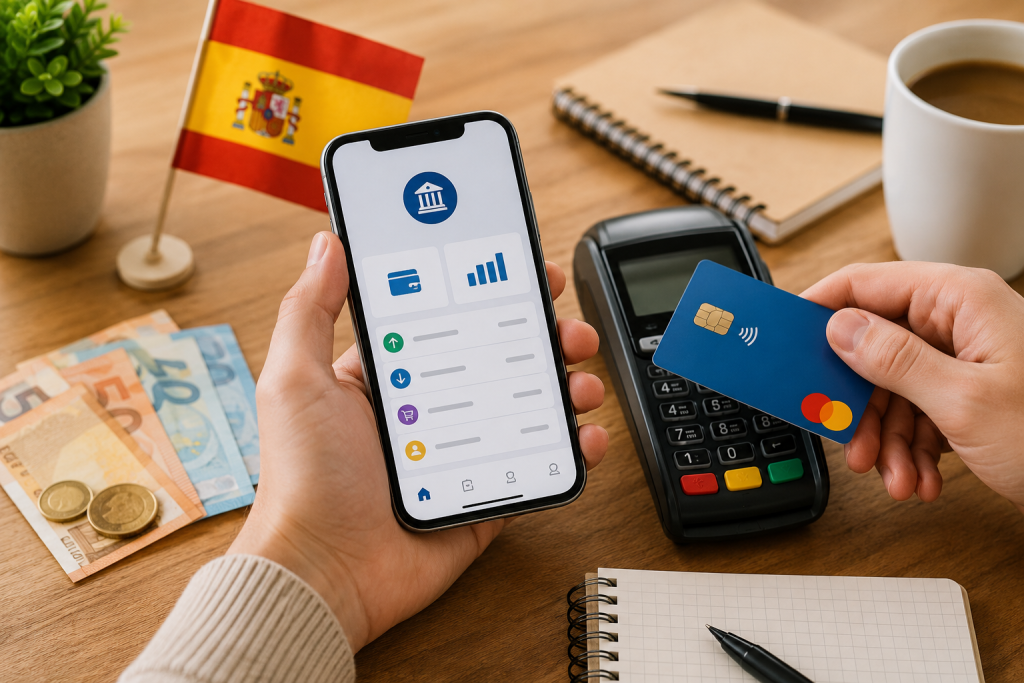 Personne utilisant une carte bancaire et consultant son compte dans une banque en Espagne