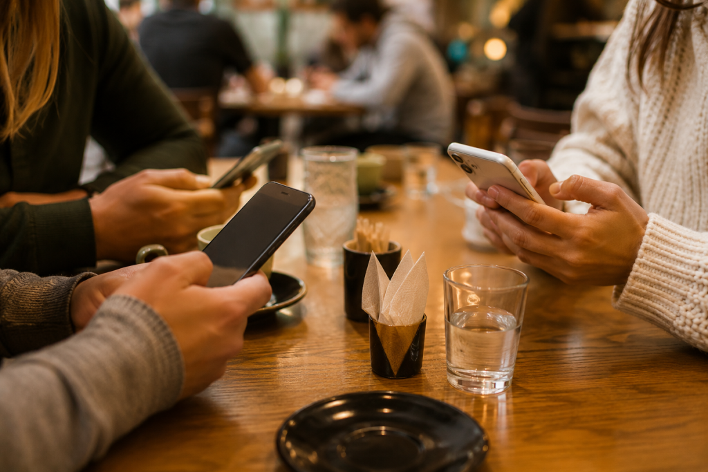Groupe de personnes consultant leurs comptes bancaires sur téléphone autour d’un verre dans le cadre de la banque en Espagne