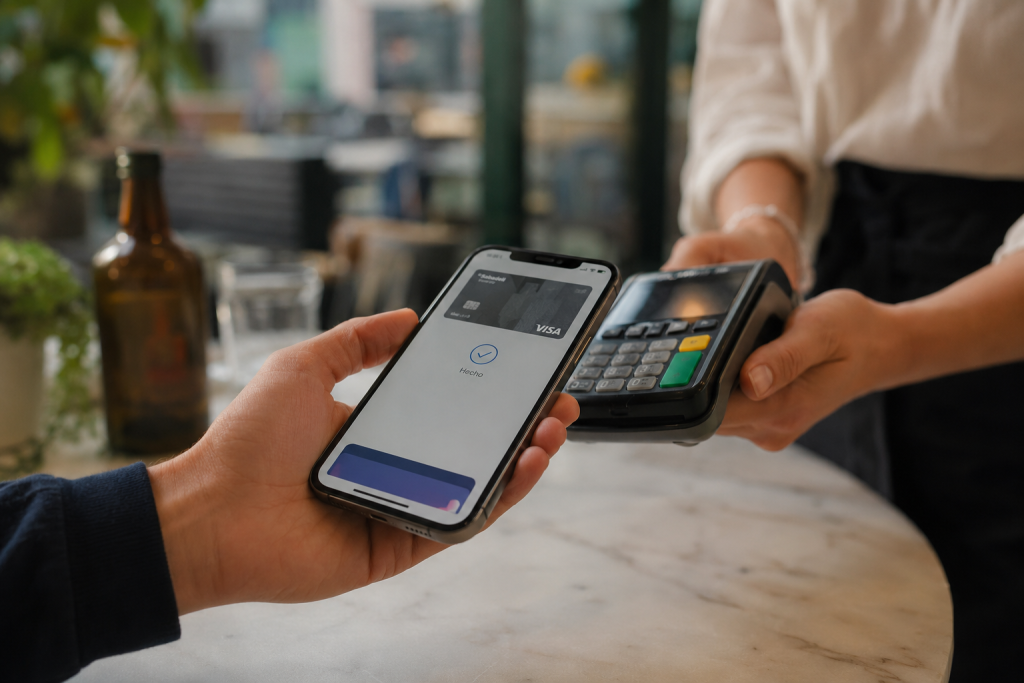 La vie bancaire en Espagne : prélèvements, cartes et différences avec la France 5 Banque en Espagne : personne qui paie un repas au restaurant avec son téléphone via paiement mobile