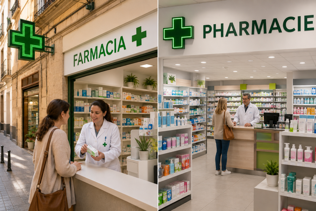 Comparaison entre une pharmacie espagnole à gauche et une pharmacie française à droite
