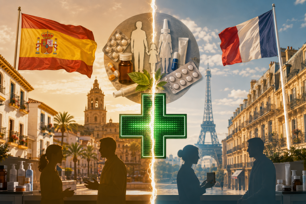 Pharmacies espagnoles vs françaises : tout ce qui change quand vous passez la frontière 2 Illustration comparant une pharmacie espagnole avec drapeau espagnol à gauche, drapeau français et tour Eiffel à droite, et logo de pharmacie espagnole au centre