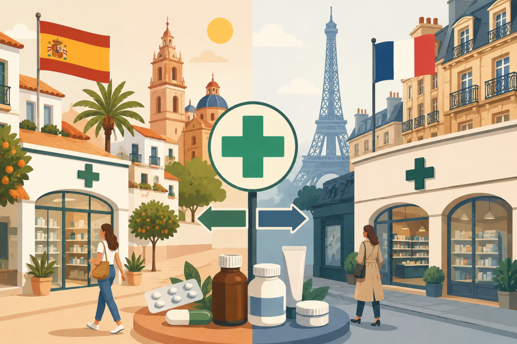 Pharmacies espagnoles vs françaises : tout ce qui change quand vous passez la frontière 5 Illustration d’une pharmacie espagnole à gauche et d’une pharmacie à droite en Espagne