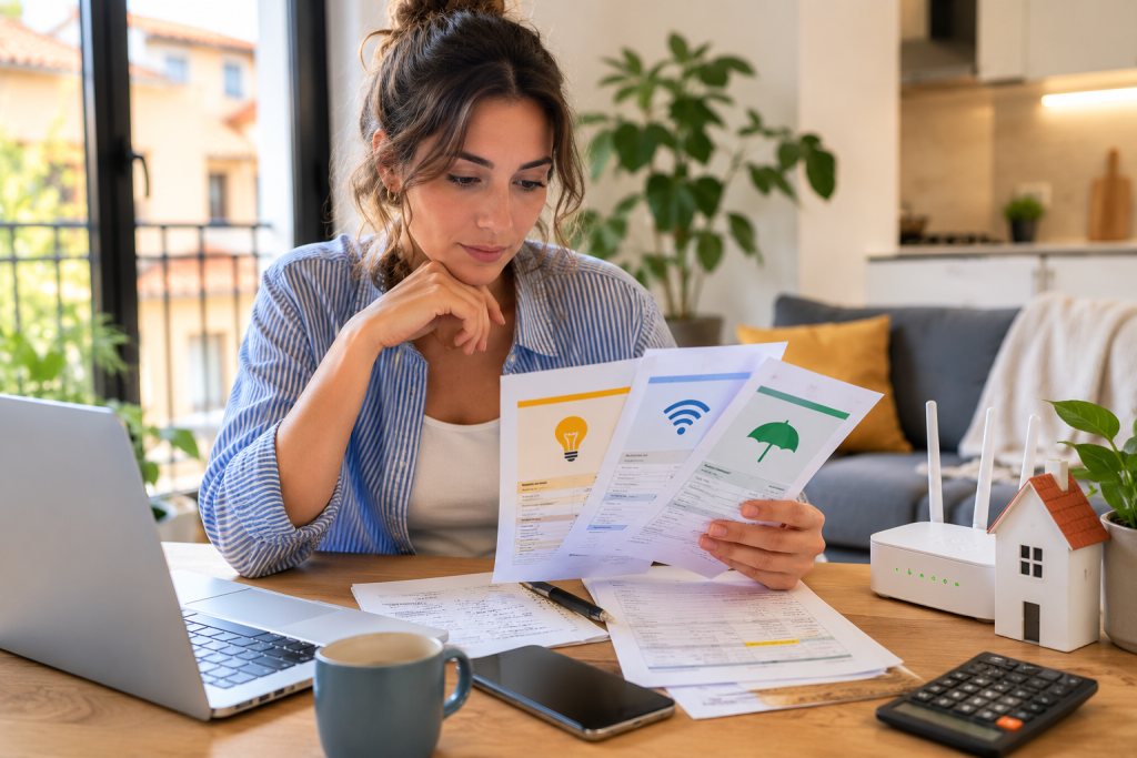 Femme consultant des documents pour changer de fournisseur en Espagne