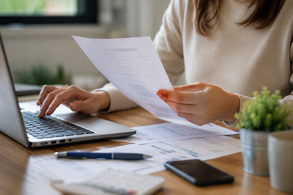 Femme comparant sur ordinateur et documents papier pour changer de fournisseur en Espagne
