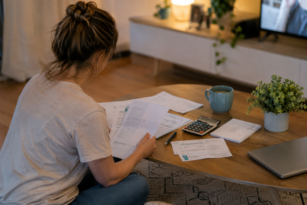 Femme analysant ses papiers et calculs pour changer de fournisseur en Espagne