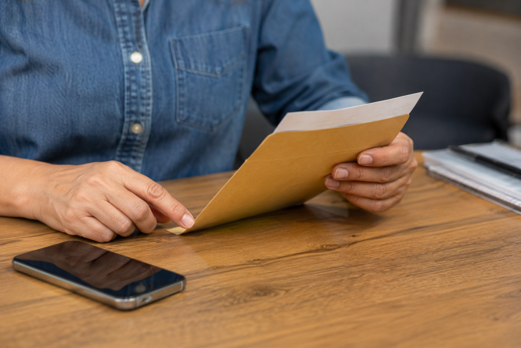Personne lisant une lettre recommandée en Espagne après l’avoir récupérée au bureau de poste