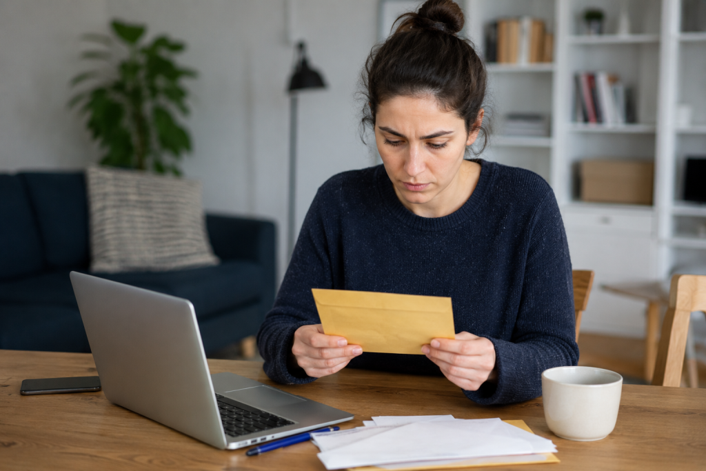 Personne consultant une lettre recommandée en Espagne après l’avoir récupérée auprès de Correos