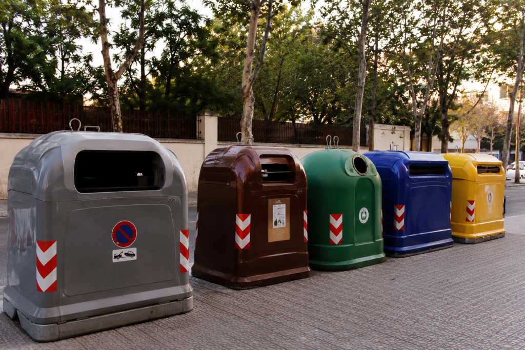 Recycler en Espagne avec des conteneurs de tri de différentes couleurs dans une rue espagnole.