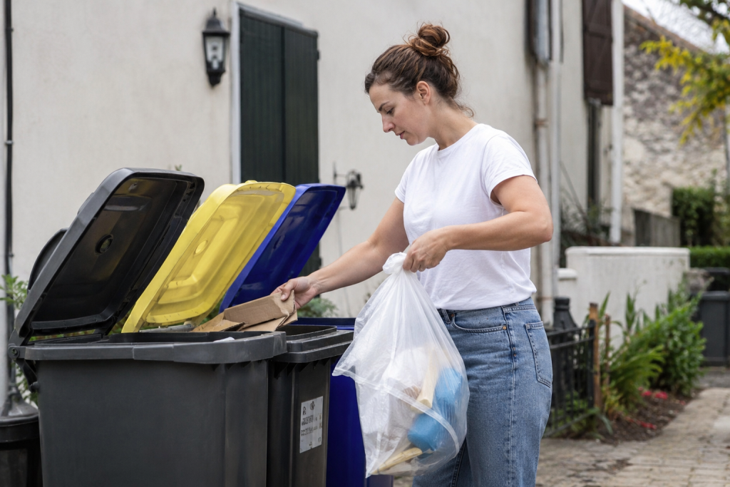 Recycler en Espagne : une personne trie ses déchets devant chez elle avant de les déposer dans les bons conteneurs.