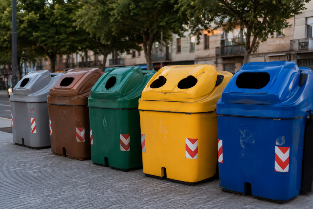 Recycler en Espagne : le guide complet pour comprendre les règles et les différences avec la France 6 Recycler en Espagne : conteneurs de tri de différentes couleurs installés dans une rue.