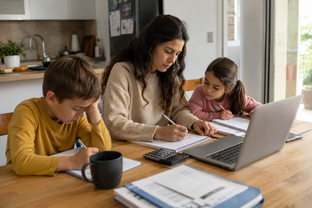 Quelles aides peut-on demander à sa mairie en Espagne ? 4 Mère aidant ses enfants à faire leurs devoirs grâce aux aides en Espagne destinées aux familles et à la scolarité.