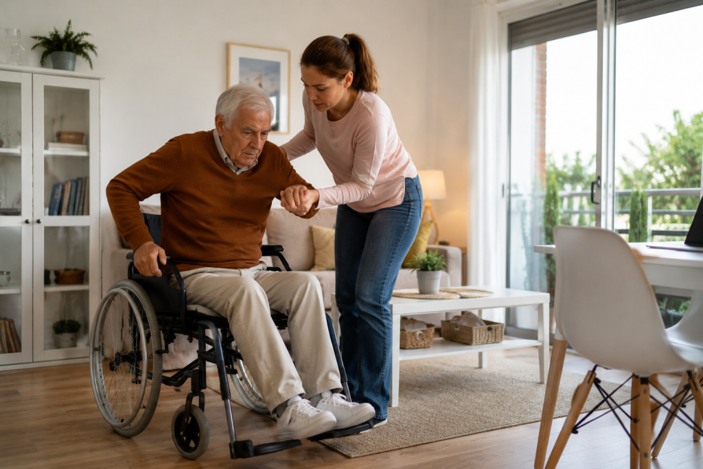 Quelles aides peut-on demander à sa mairie en Espagne ? 3 Personne en fauteuil roulant accompagnée à domicile grâce aux aides en Espagne destinées aux seniors et aux personnes dépendantes.