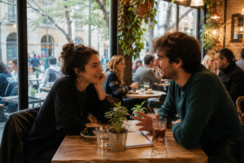 Deux personnes discutent autour d'un café, une méthode conviviale pour apprendre l'espagnol à Barcelone grâce à la pratique orale.