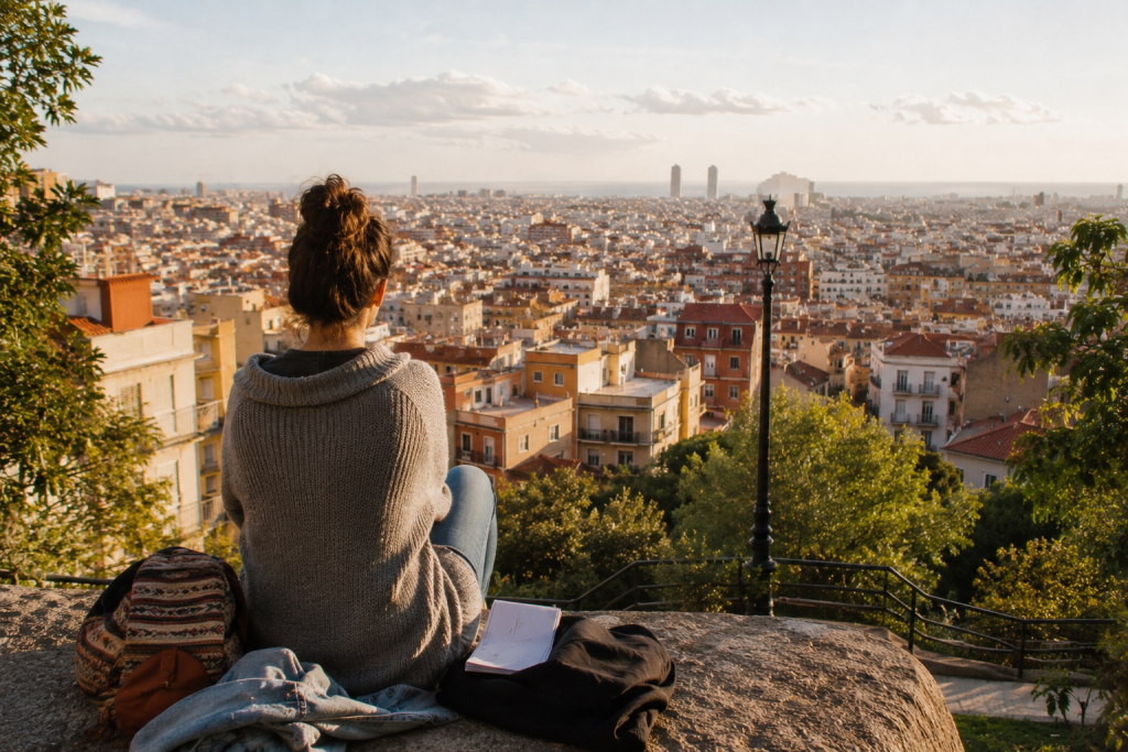 Une personne admire le panorama de Barcelone depuis un point de vue, une expérience idéale pour apprendre l'espagnol à Barcelone en immersion.
