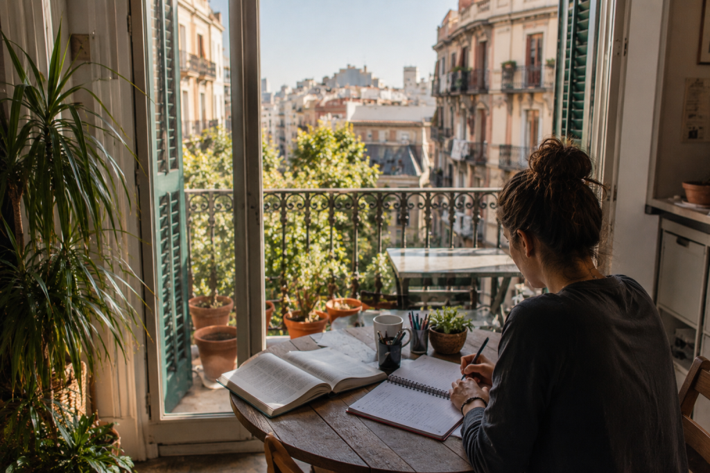 Une personne étudie dans un appartement lumineux avec vue sur Barcelone, un environnement idéal pour apprendre l'espagnol à Barcelone.