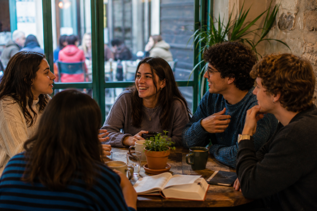 Un groupe de jeunes discute autour d'une table dans un café, une situation idéale pour apprendre l'espagnol à Barcelone grâce aux échanges linguistiques.