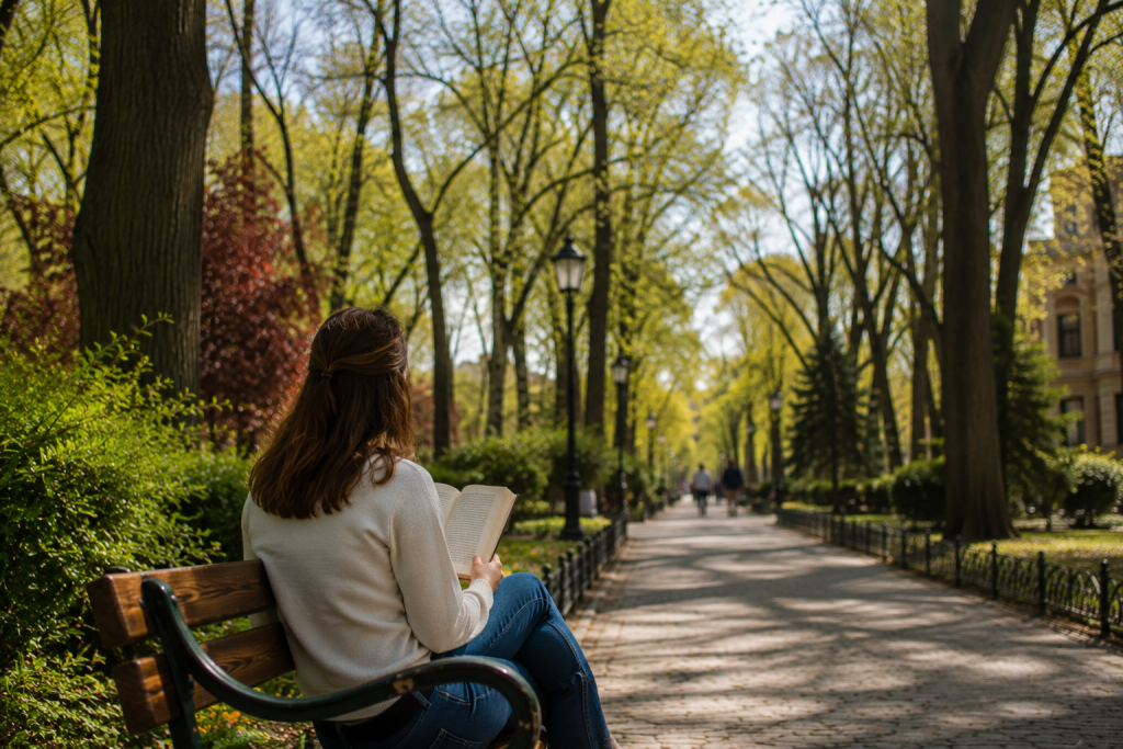 Une personne lit un livre sur un banc dans un parc arboré de Barcelone, un cadre propice pour apprendre l'espagnol à Barcelone.