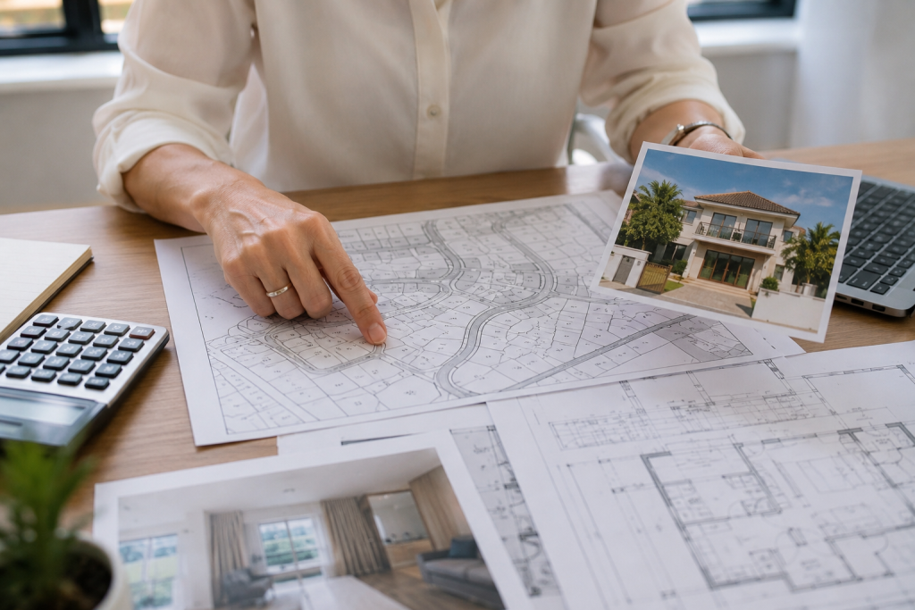 Acheter un bien en Espagne : une personne étudie les plans de sa future maison et prépare son projet immobilier